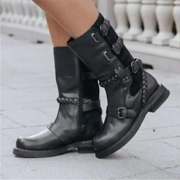 Free People Shoes - Free People Women’s Billie Buckled Moto Boots Black Leather Size 9.5 NWOB.